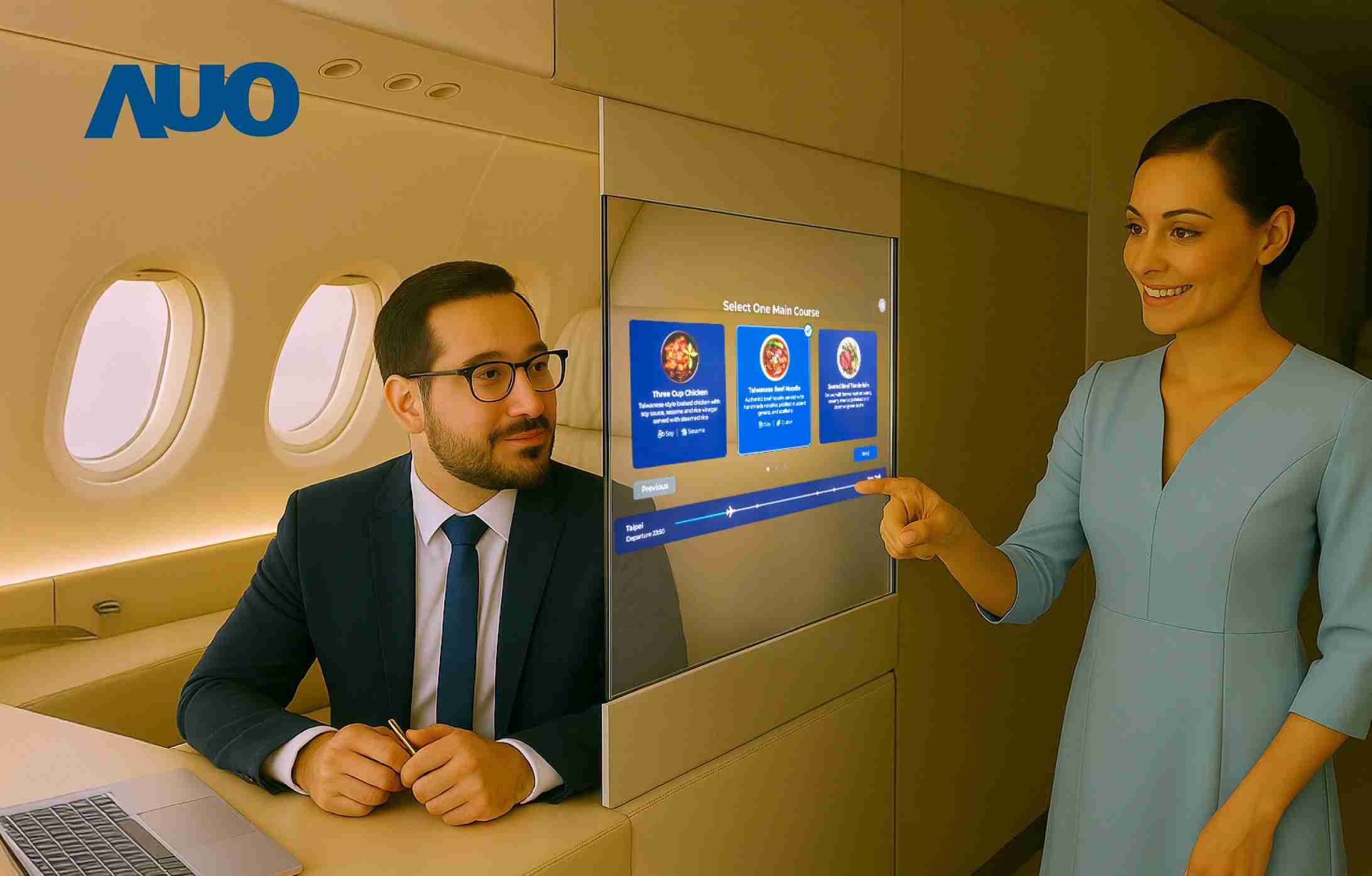 2468BET研发全球最薄17.3 吋双面透明 Micro LED 显示器，，，可在同一屏幕之双边投射不同信息，，，，创造独特的”透明化”互动；图为实时翻译交流应用情境