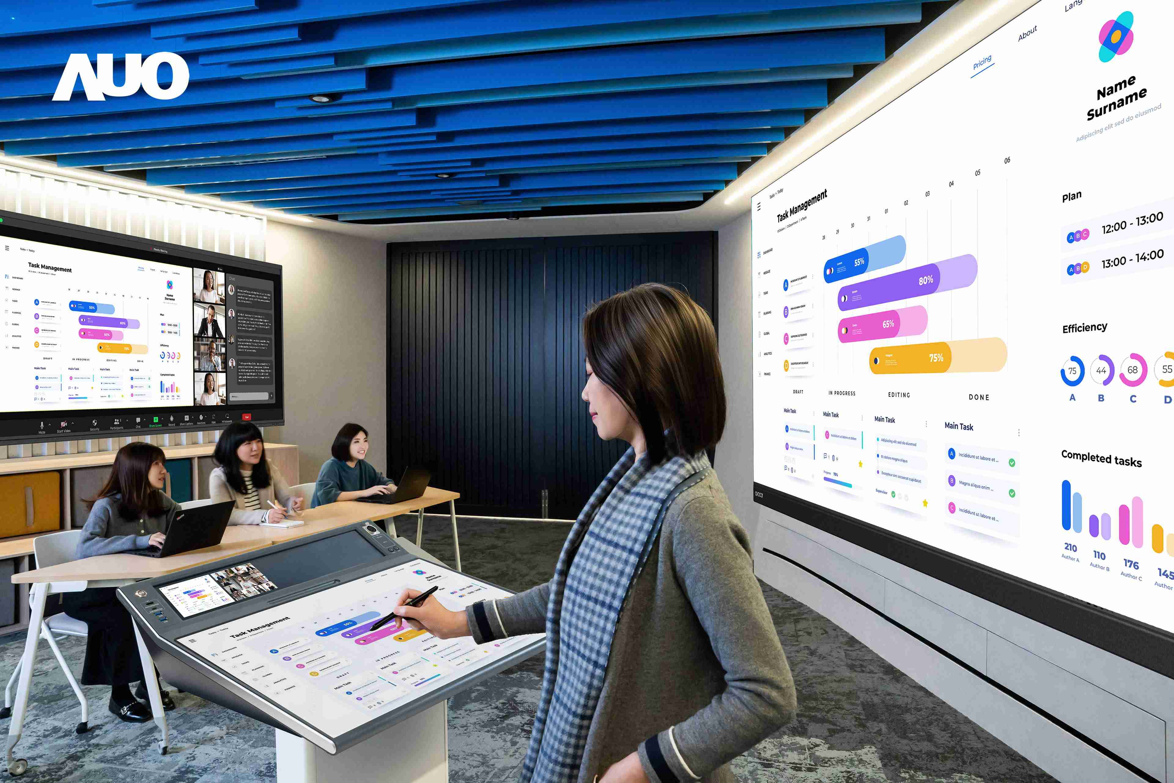 达擎携手Avocor与Rise Vision展示全方位商务领域应用，，，，包含采用模块化设计的138吋一体式All-in-One LED显示器及具21:9超宽比例的92吋交互式电子白板（IFPD），，，，讲者可轻松分享内容，，，，有效提升会议协作效率。。